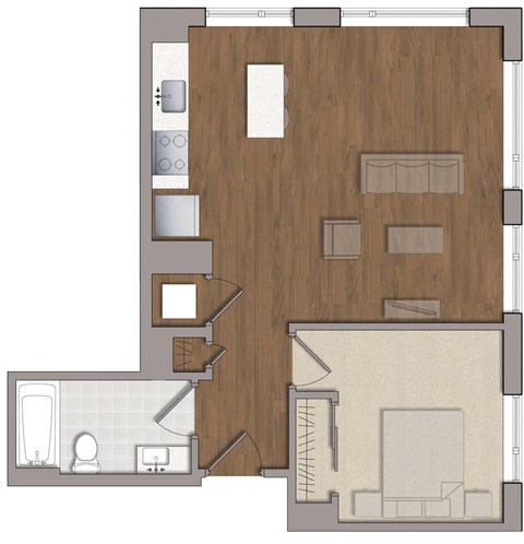 Floor plan for 1 bed, 1 bath, 637 sqft